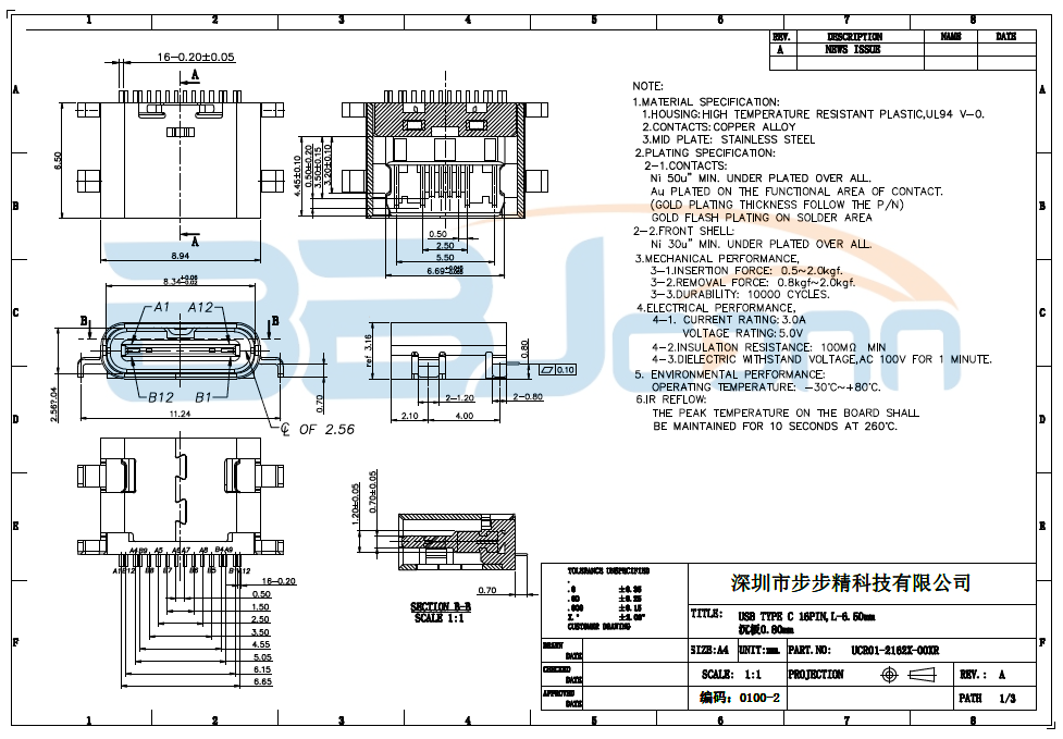 【TYPE-C母座 16PIN 板上型 沉板0.8 L=6.5】生产厂家|定制厂商|批发采购价格-深圳市步步精科技有限公司