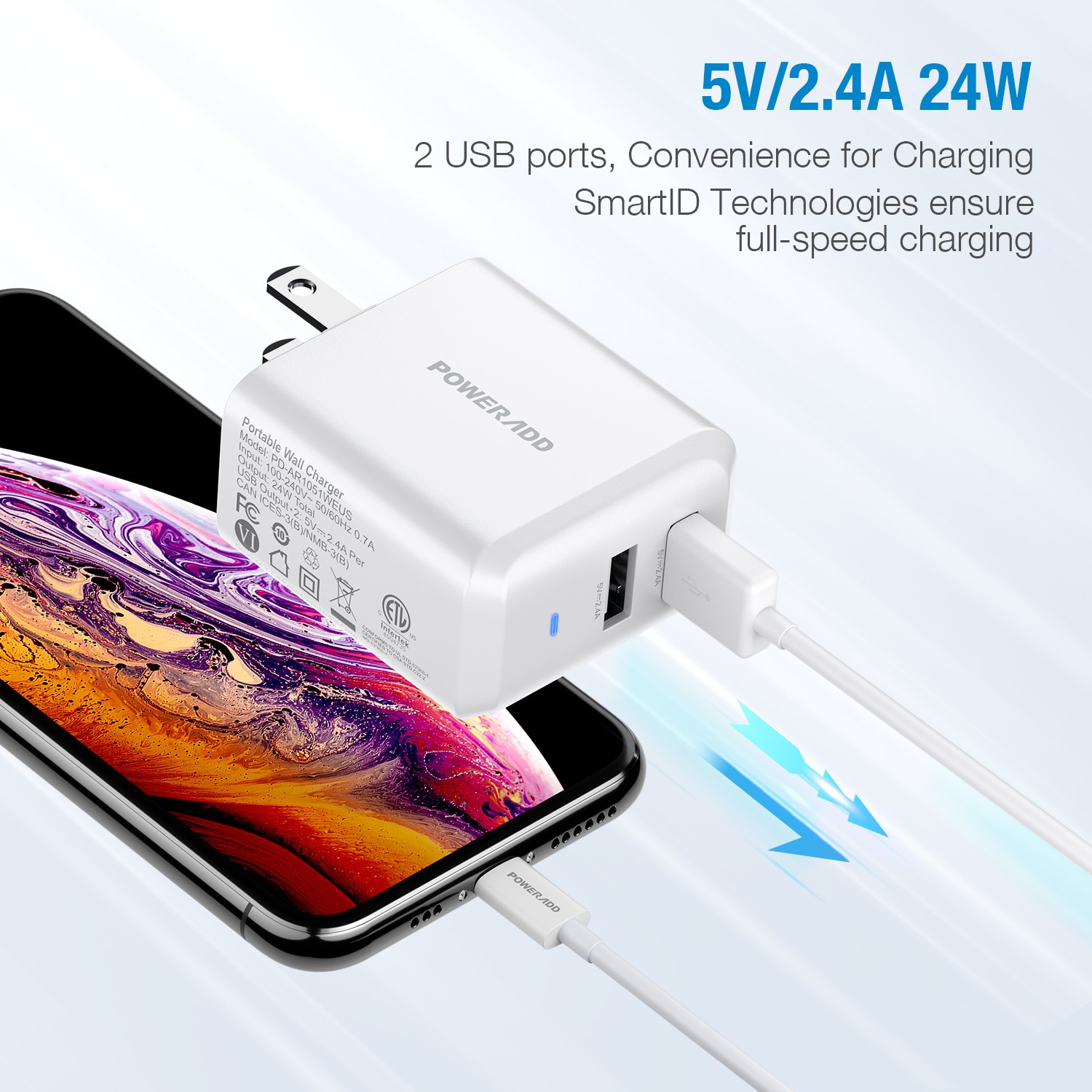 POWERADD USB Wall Charger,24W Dual Port 5V2.4A Charger POWERADD USB Wall Charger,24W Dual Port 5V2.4A Charger