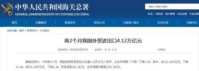 海关总署:前2个月进出口总值同比下降9.6%,贸易逆差425.9亿元 海关总署:前2个月进出口总值同比下降9.6%,贸易逆差425.9亿元