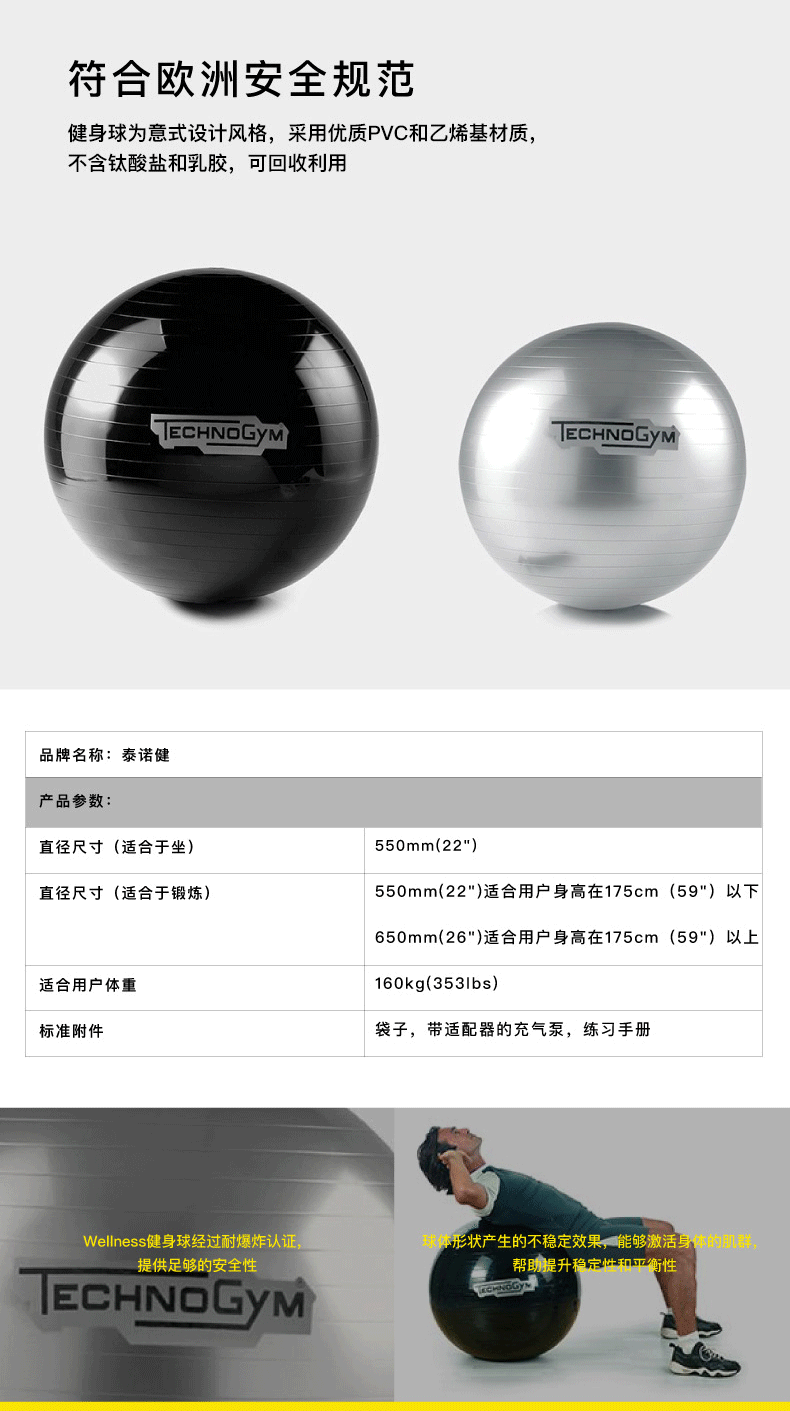 Technogym原装进口意大利泰诺健WELLNESS BALL瑜伽球55cm/65cm