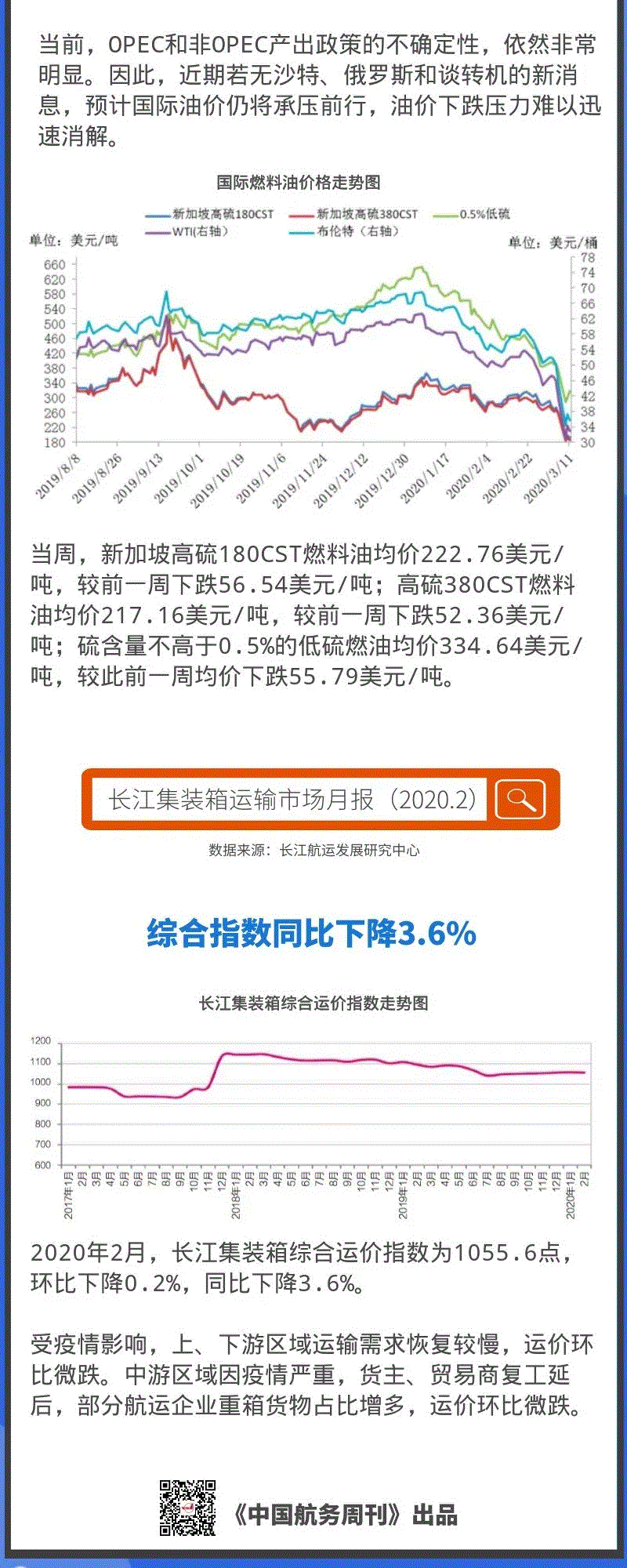 国际航线运价小幅回升；燃油价格全面下跌；长江运价下滑 