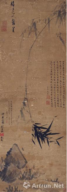吴镇(元代)风篁雨石图(纸本 立轴(原装旧裱) 吴镇(元代)风篁雨石图(纸本 立轴(原装旧裱)