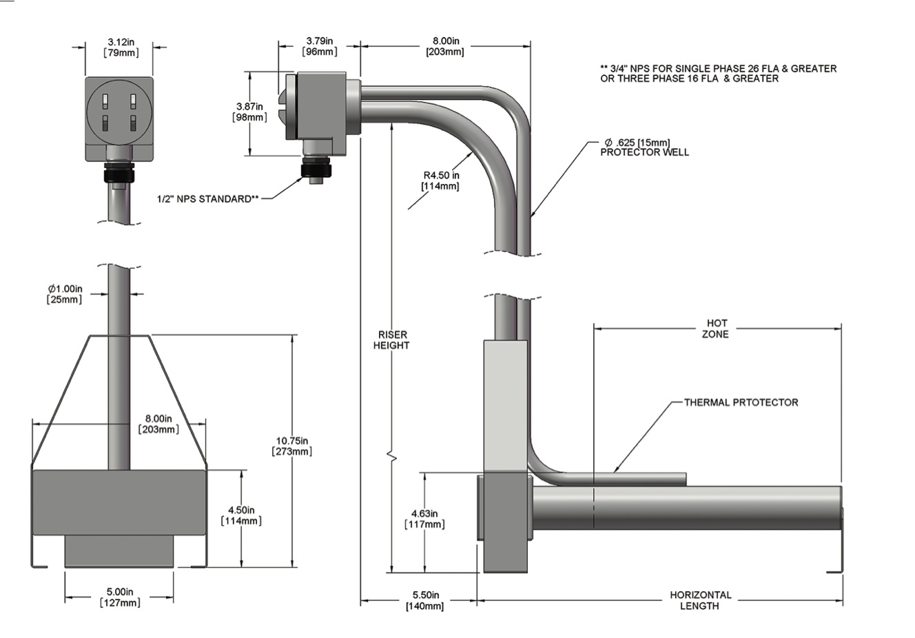 Derated Triple Metal L-Shaped Immersion Heaters