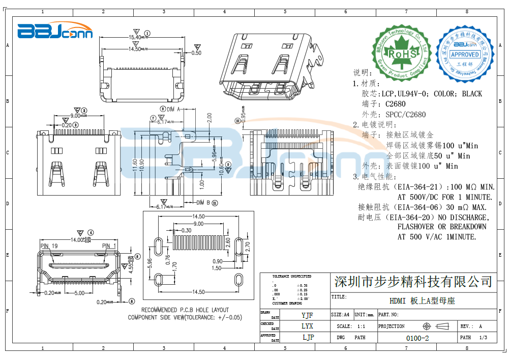 HDMI A TYPE母座铁壳镀镍平口无点生产厂家|定制厂商|批发采购价格-深圳市步步精科技有限公司