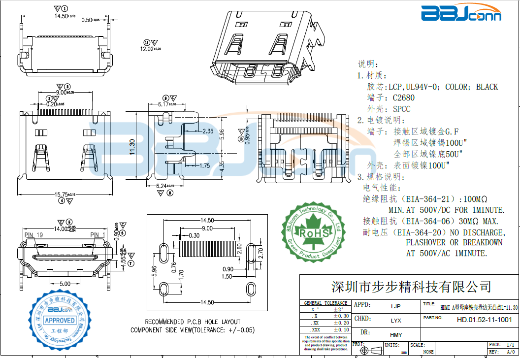 HDMI A TYPE母座铁壳镀镍卷边无点生产厂家|定制厂商|批发采购价格-深圳市步步精科技有限公司