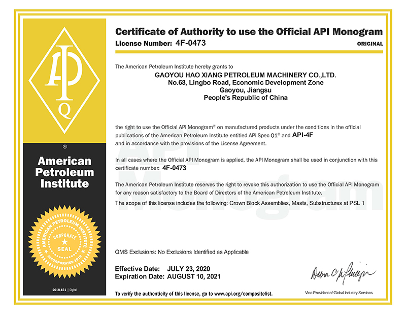 Congratulations to our company for passing API certification and obtaining API 4F certificate
