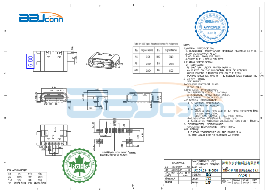 TYPE-C 6PIN　母座板上四脚全贴L=6.8