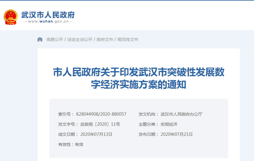 【经济资讯】市人民政府关于印发武汉市突破性发展数字经济实施方案的通知 【经济资讯】市人民政府关于印发武汉市突破性发展数字经济实施方案的通知