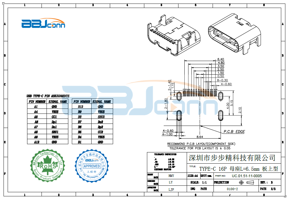 【TYPE-C母座 16PIN 板上型 L=6.5/TYPE-CF 16P-RAT-L6.5B】生产厂家|定制厂商|批发采购价格-深圳市步步精科技有限公司