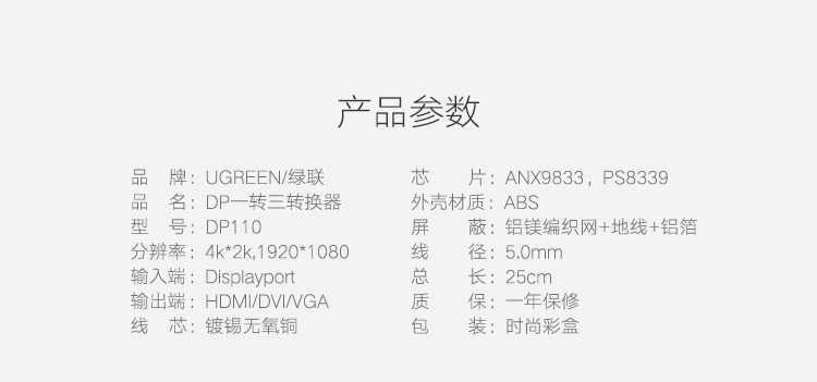 绿联20420 DP转VGA+HDMI+DVI转换器 三合一