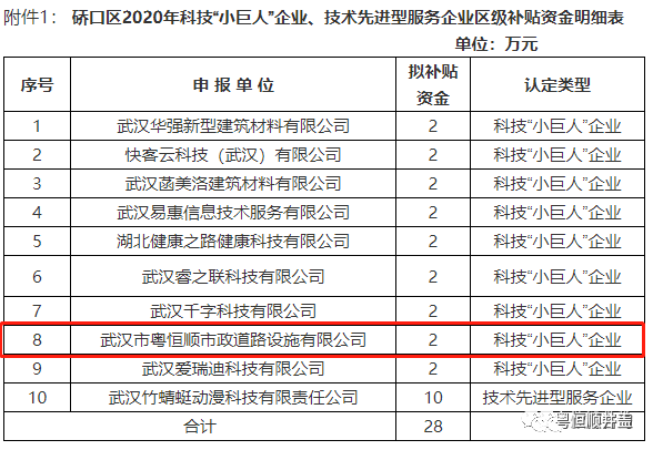 硚口区科学技术和经济信息化局关于安排2020年科技“小巨人”企业、技术先进型服务企业、创新载体、科技中介机构等补贴资金的公示