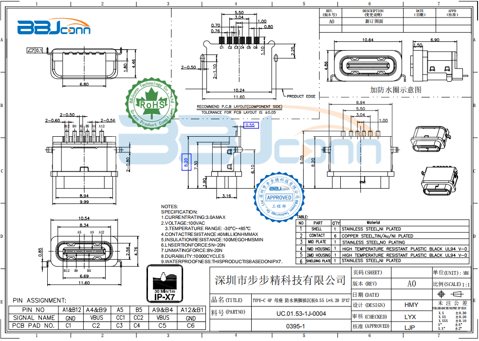 TYPE-C 6P 母座 防水俩脚插沉板0.55 L=8.20 IPX7