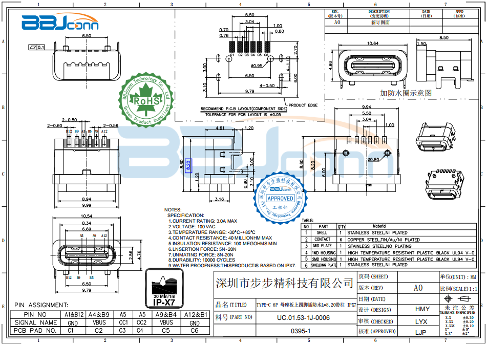 TYPE-C 6P 母座板上四脚插防水L=8.20带柱 IPX7