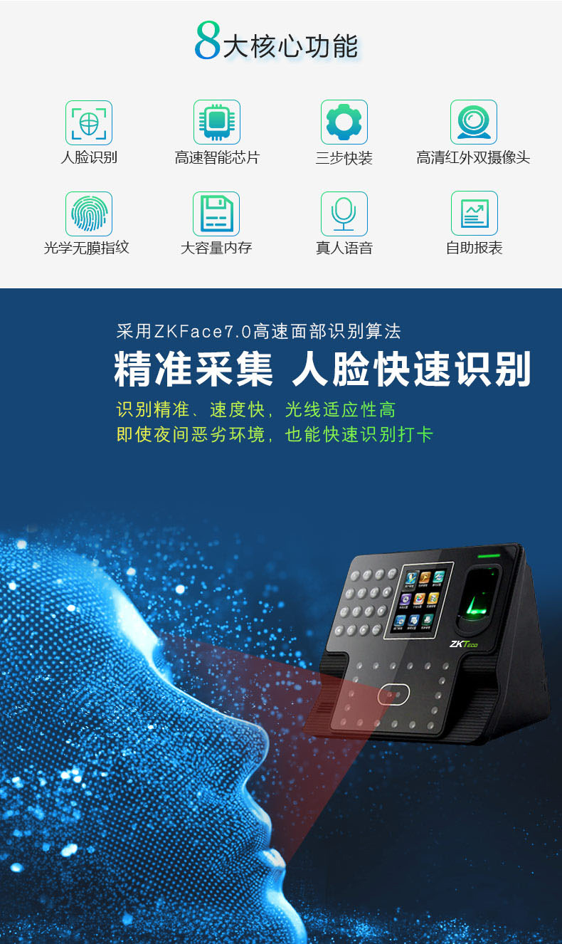 ZKTeco/熵基科技IFace102面部指纹人脸考勤机 高速签到打卡机 大容量自助报表签到机