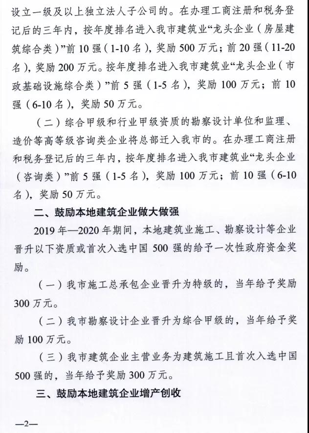 最高奖励500万！晋升特级资质奖励300万元！“鲁班奖”奖励40万元！