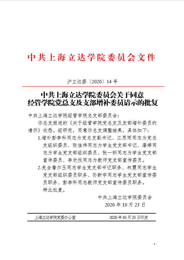 关于同意经管学院党支及支部增补委员请示的批复