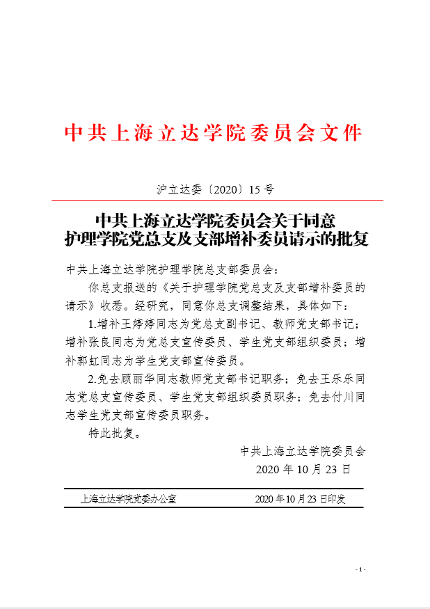 关于同意护理学院总支及支部增补委员会请示的批复