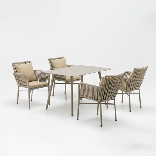 Rectangular aluminum table with rope dining chairs
