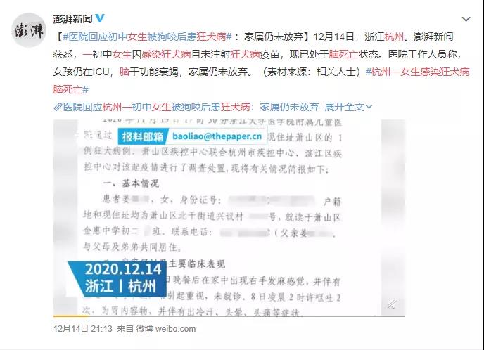 时事篇 | 女孩脑死亡：狂犬病不可治但可防