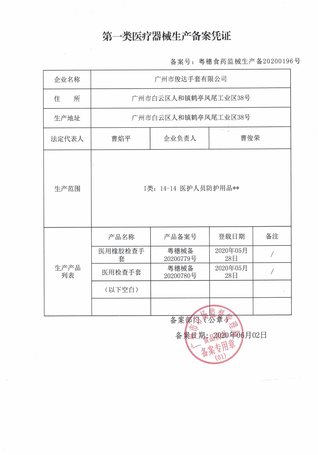第一类医疗器械生产备案证