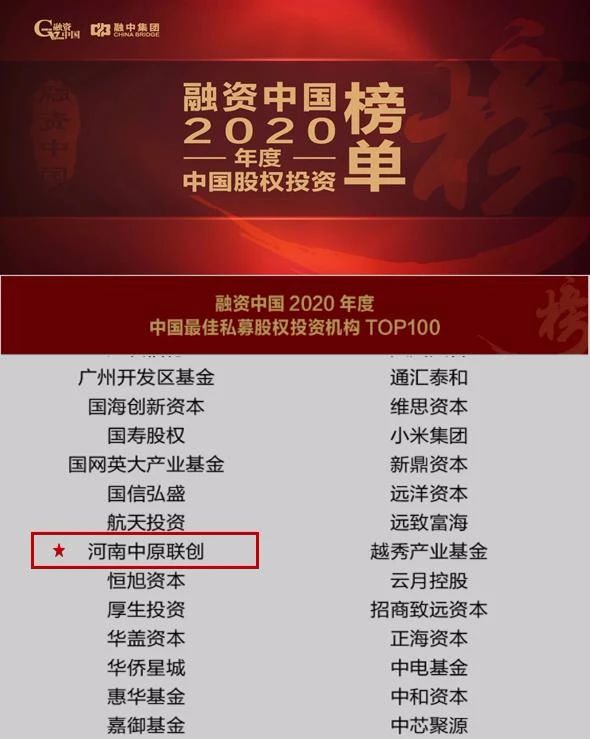 中原联创荣登“2020年度中国最佳私募股权投资机构TOP100”榜单