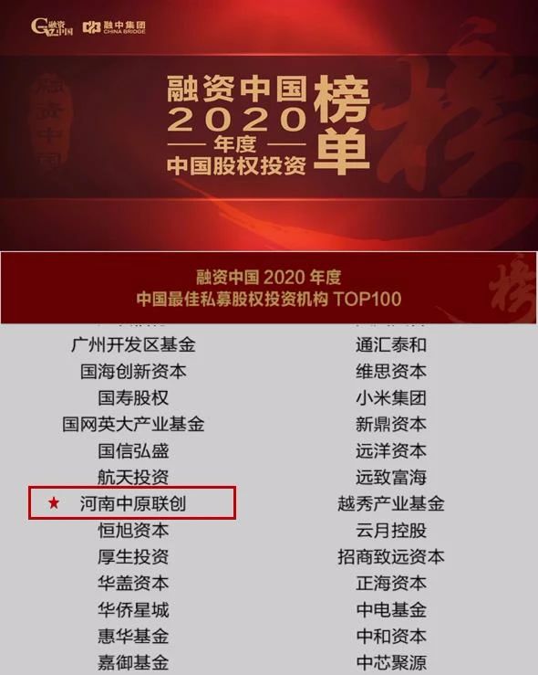 中原聯(lián)創(chuàng)榮登“2020年度中國最佳私募股權投資機構TOP100”榜單