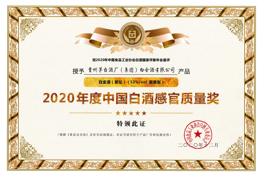 白金酒榮獲“2020年度中國白酒感官質量獎”