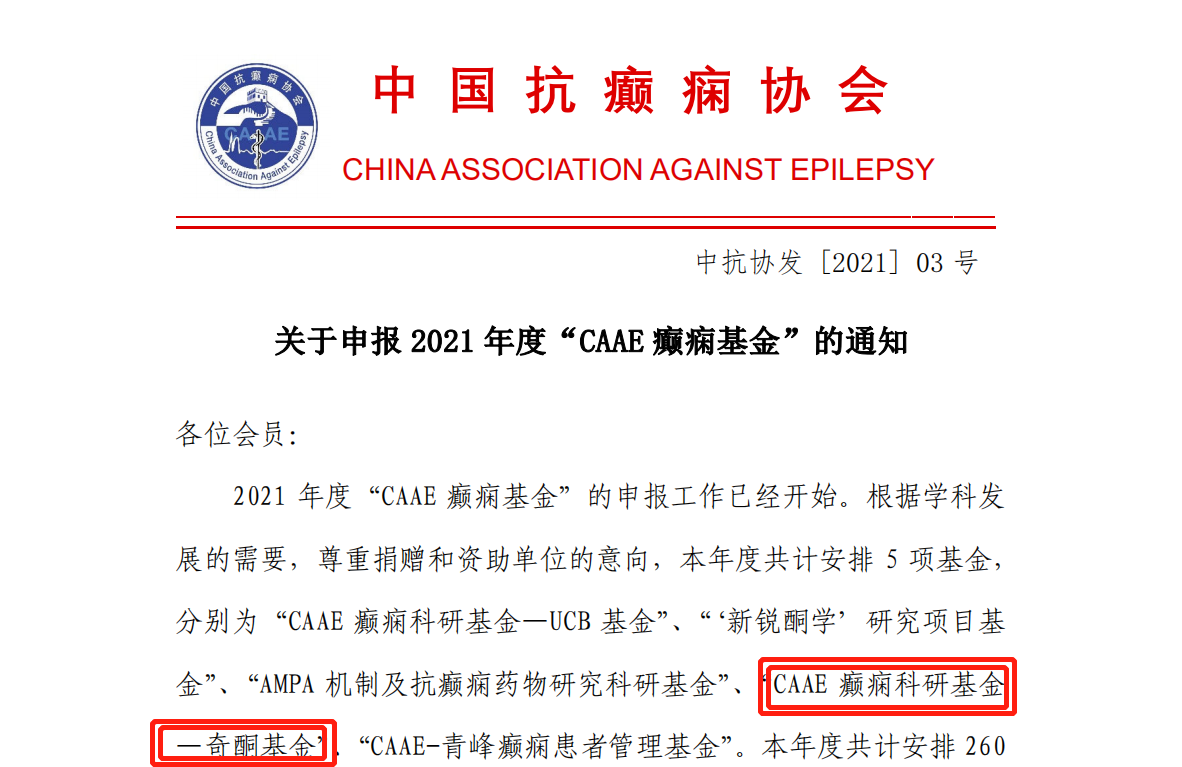 “CAAE 癫痫科研基金—奇酮基金”开始申报啦！