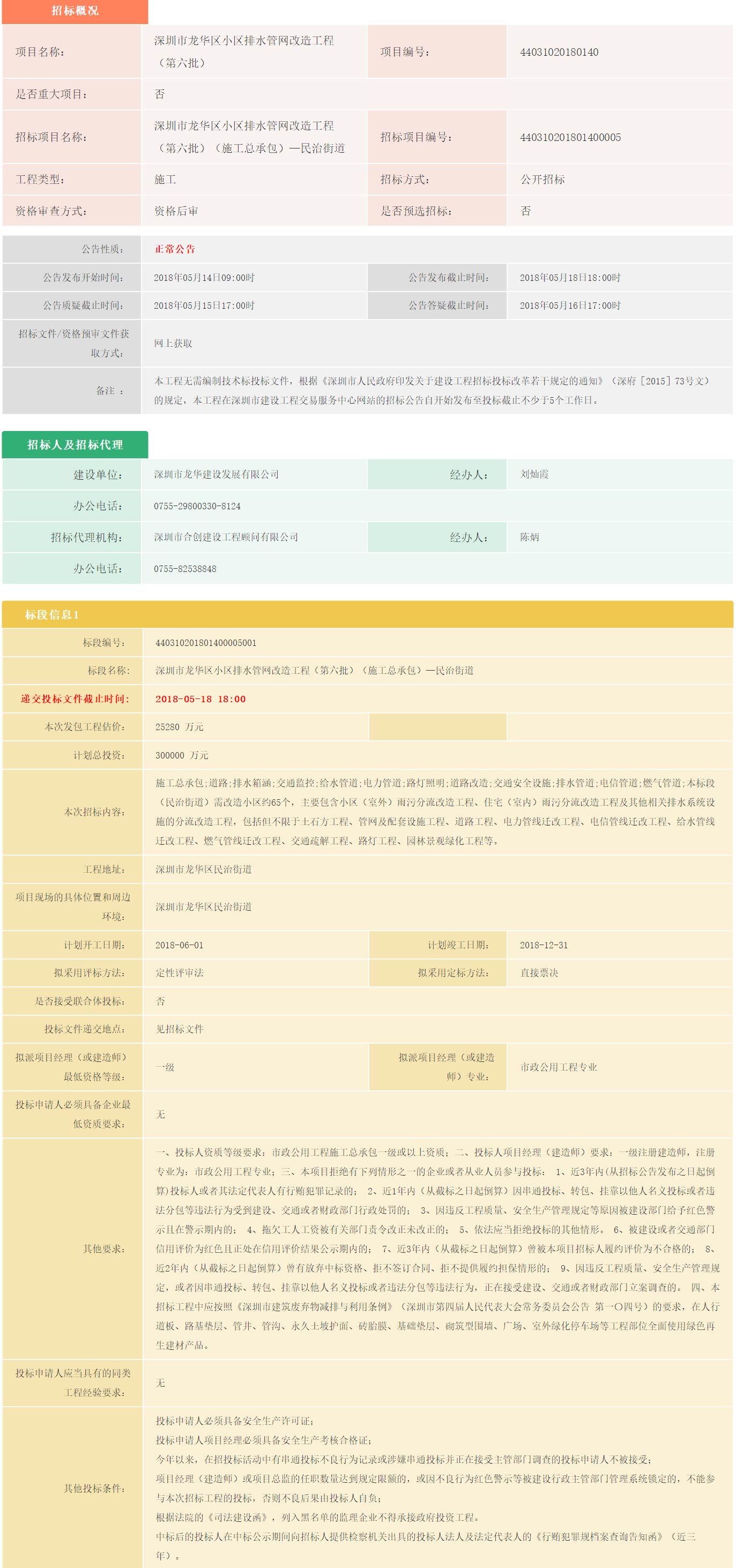 深圳市龙华区小区排水管网改造工程（第六批）（施工总承包）—民治街道公告