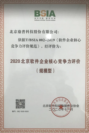 鼎普科技获评“2020北京软件企业核心竞争力评价（规模型）”