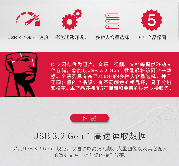 金士顿（Kingston） USB3.2 Gen 1 U盘 DTX 时尚设计 轻巧便携