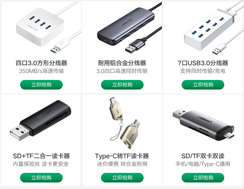 绿联60722-USB3.0转 SD+TF读卡器 