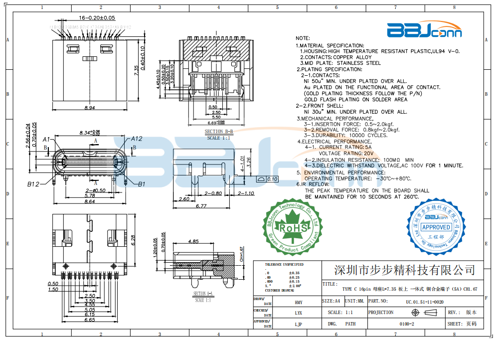 TYPE-C 16PIN 母座板上型L=7.35 5A(一体式）