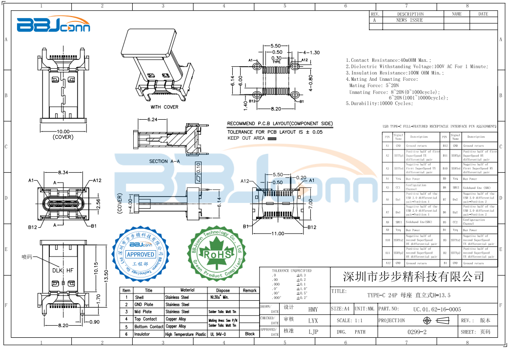 TYPE-C 24P 母座 直立式H13.5