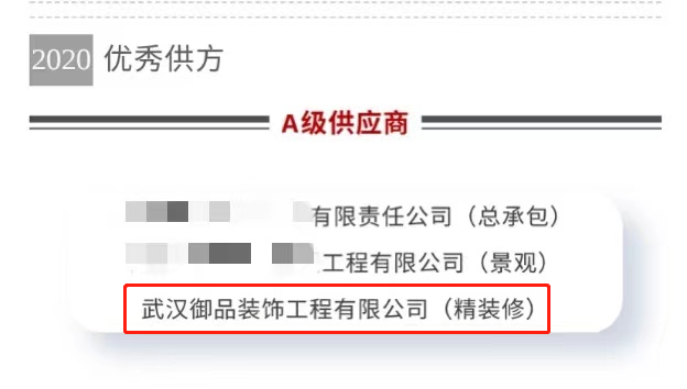 喜讯！武汉御品装饰工程有限公司荣获中南置地武合区域精装修“A级供应商”称号