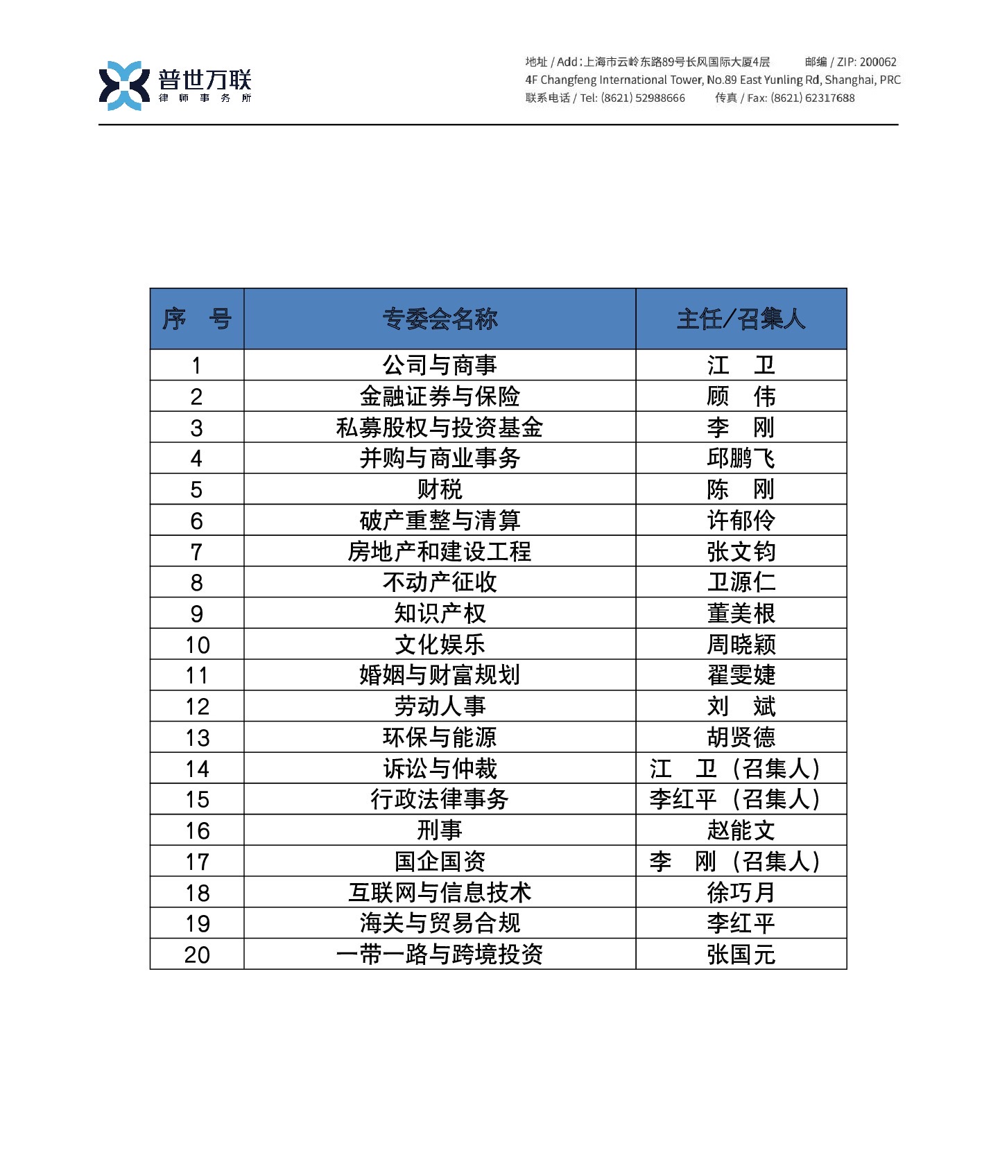 上海普世万联律师事务所专业委员会正式设立，各委员会主任名单出炉