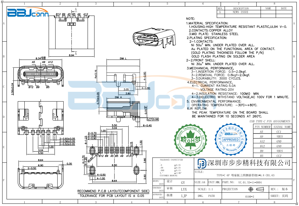 TYPE-C 6P 母座板上四脚插带柱L=6.8 CH1.63