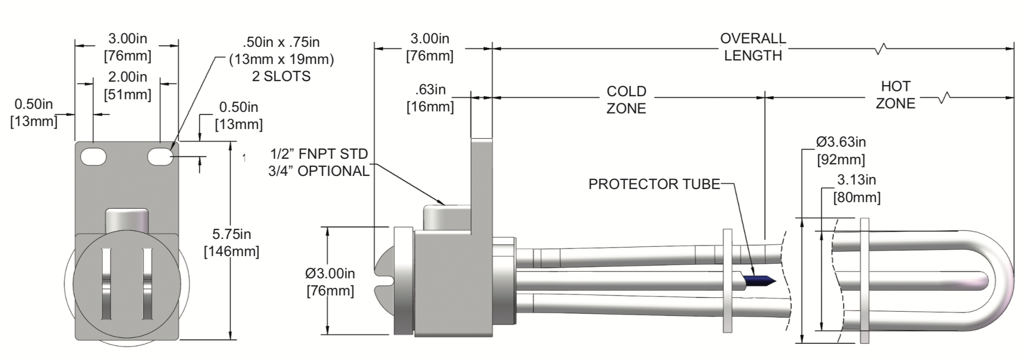 PTFE Over The Side Immersion Heater/ Three Element Teflon Heater