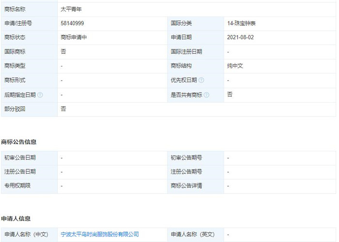 宁波太平鸟时尚服饰股份有限公司申请珠宝商标