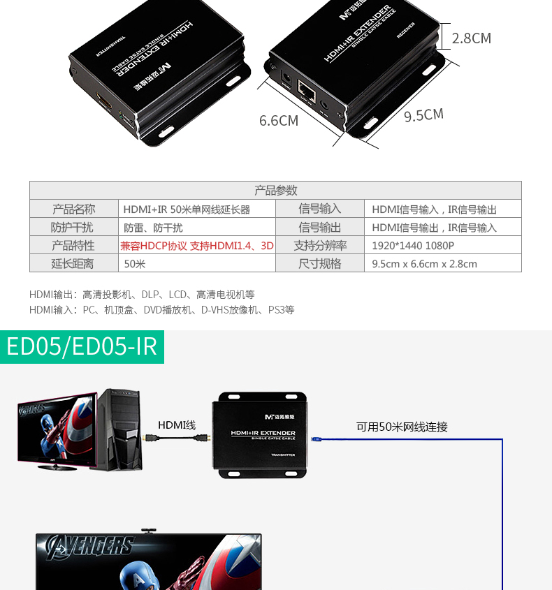 迈拓维矩  MT-ED04 HDMI延长器 RJ45网络传输200米HDMI高清信号放大器音视频结合 单网线可延长网传 【一对】延长50米