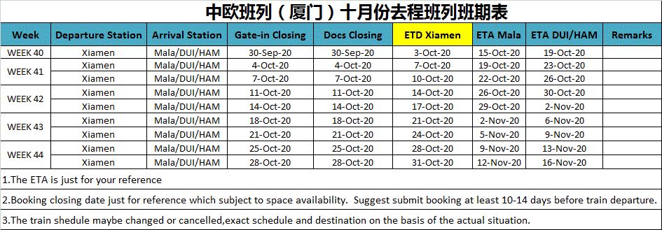 西安、武汉、厦门、重庆班列2020年10月班期表--欢迎广大客户咨询订舱