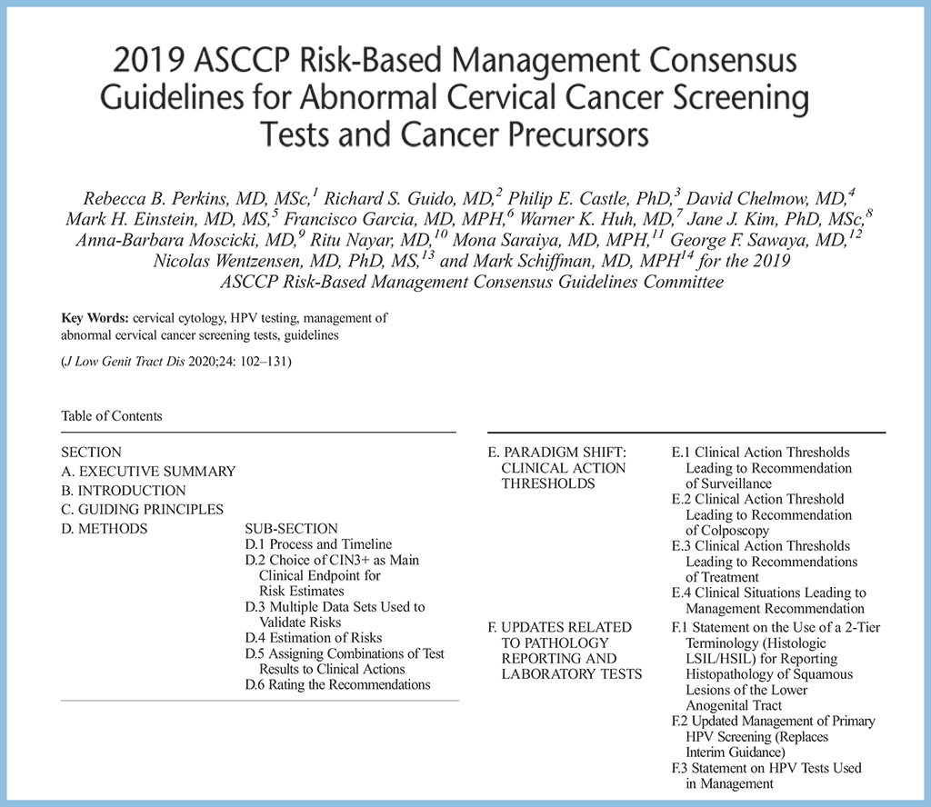 2019 ASCCP基于风险的宫颈癌筛查结果异常和癌前病变管理共识