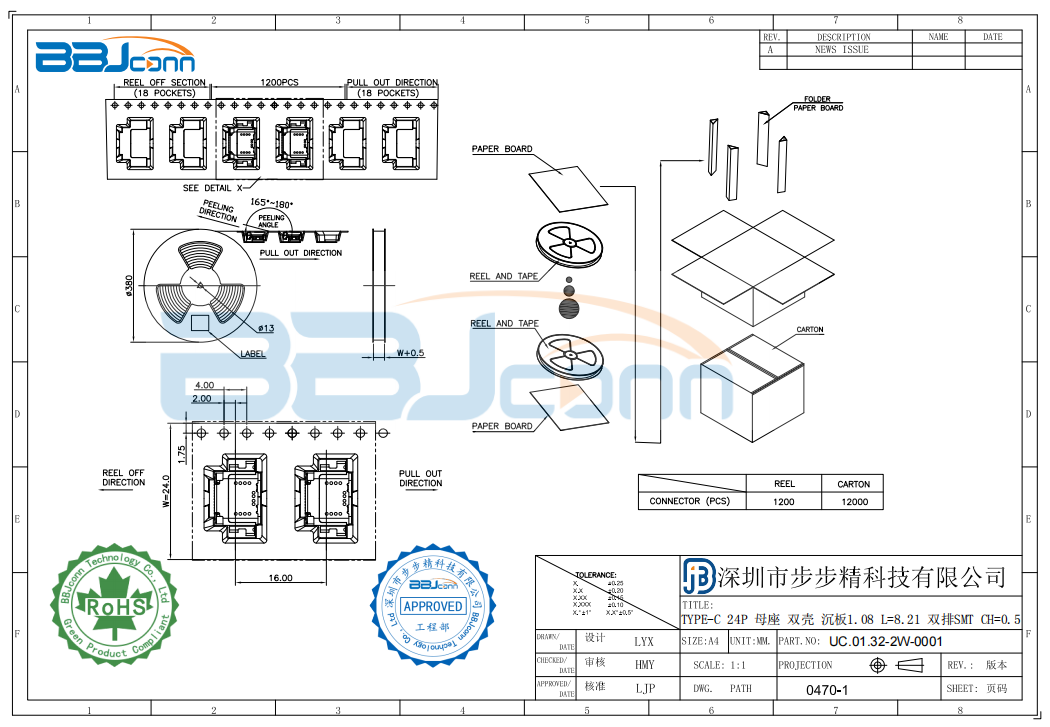 TYPE-C 24P 母座 双壳 沉板1.08 L=8.21 双排SMT CH=0.5