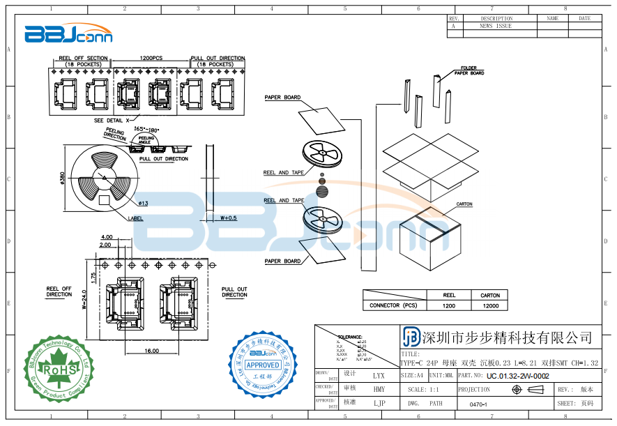 TYPE-C 24P 母座 双壳 沉板0.23 L=8.21 双排SMT CH=1.32