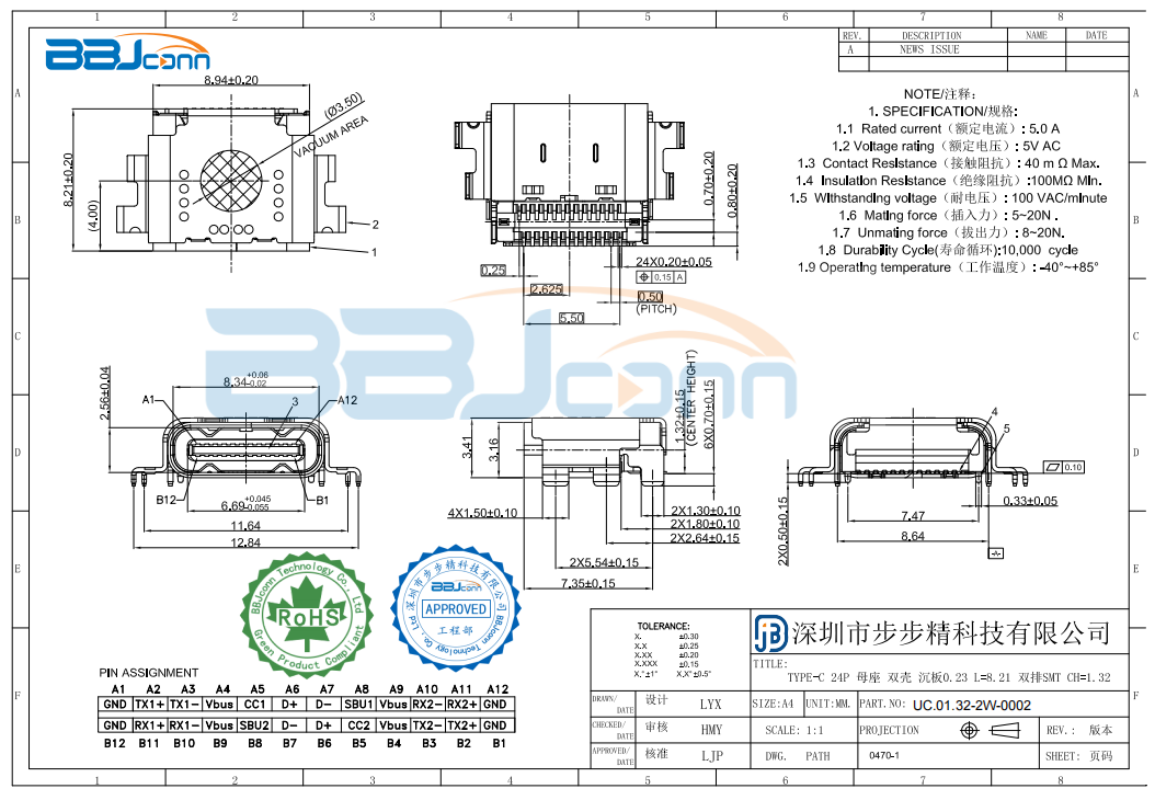 TYPE-C 24P 母座 双壳 沉板0.23 L=8.21 双排SMT CH=1.32