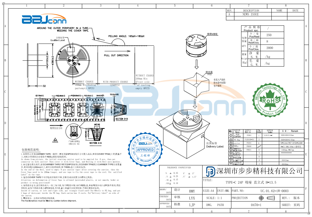 TYPE-C 24P 母座 直立式 H=13.5