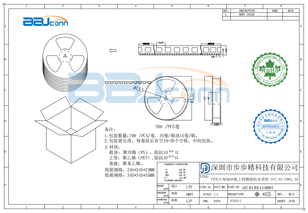 TYPE-C 6P 防水母座板上四脚插L=7.85 带柱IPX7