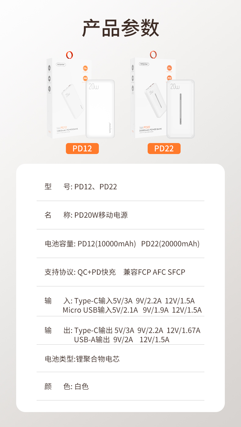 沃品PD20W超级快充移动电源 PD12