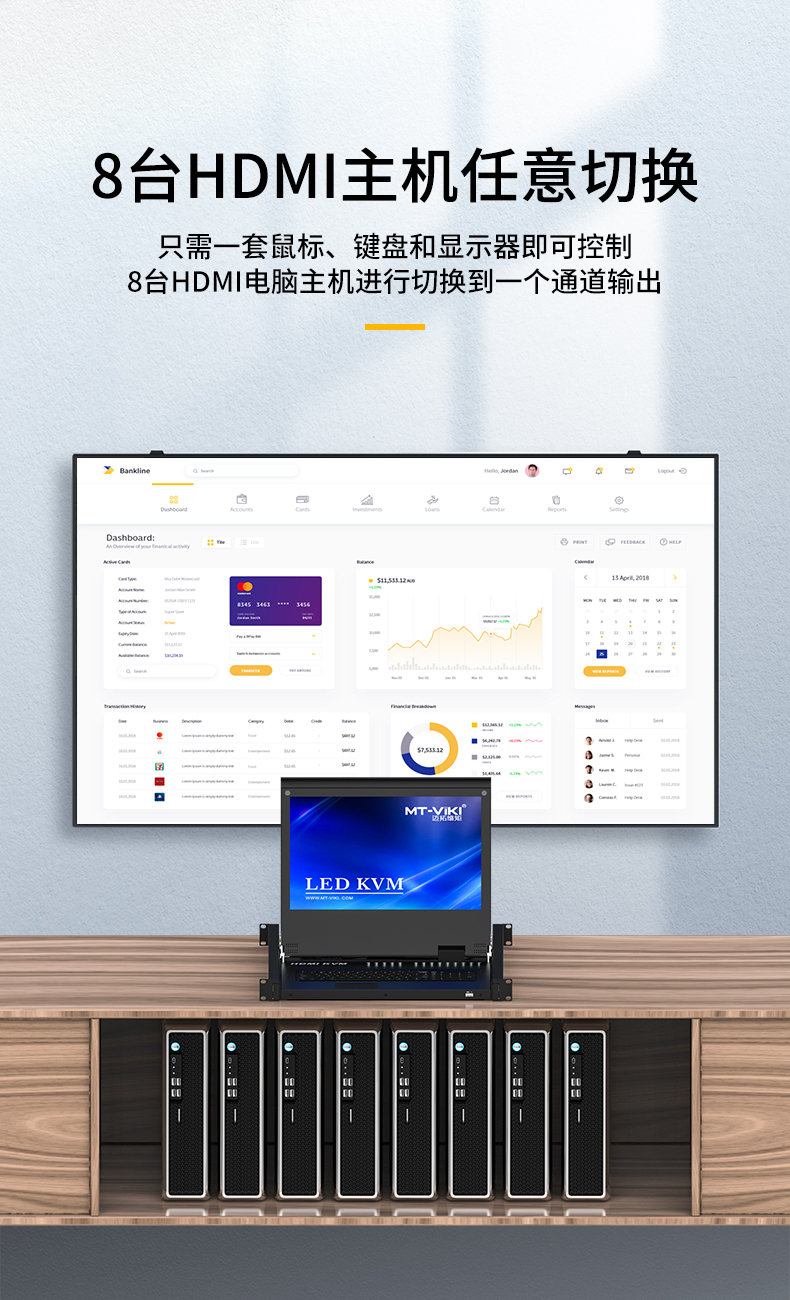 迈拓MT-17308HL  KVM切换器8口HDMI八进一出组合机架式一体机带屏KVM 