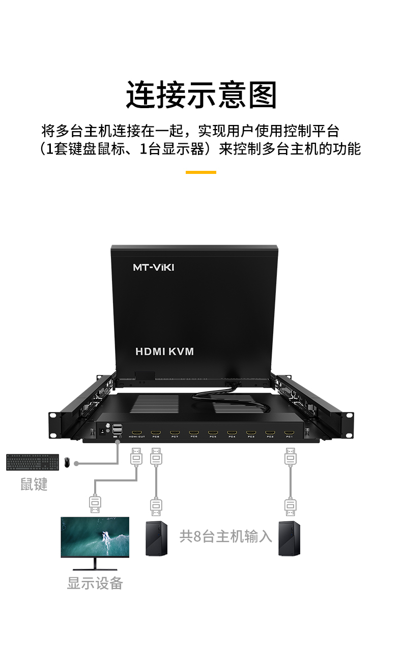 迈拓MT-17308HL  KVM切换器8口HDMI八进一出组合机架式一体机带屏KVM 